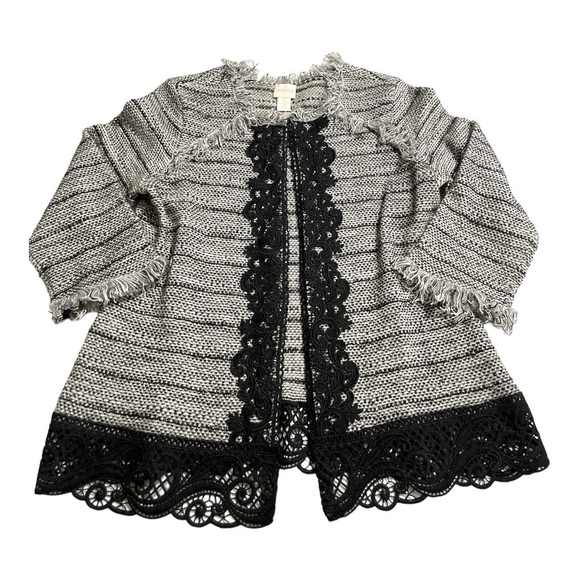 CHICO'S Black and Gray Tweed Fringed Lace Cardigan Jacket size 1 - Picture 7 of 16